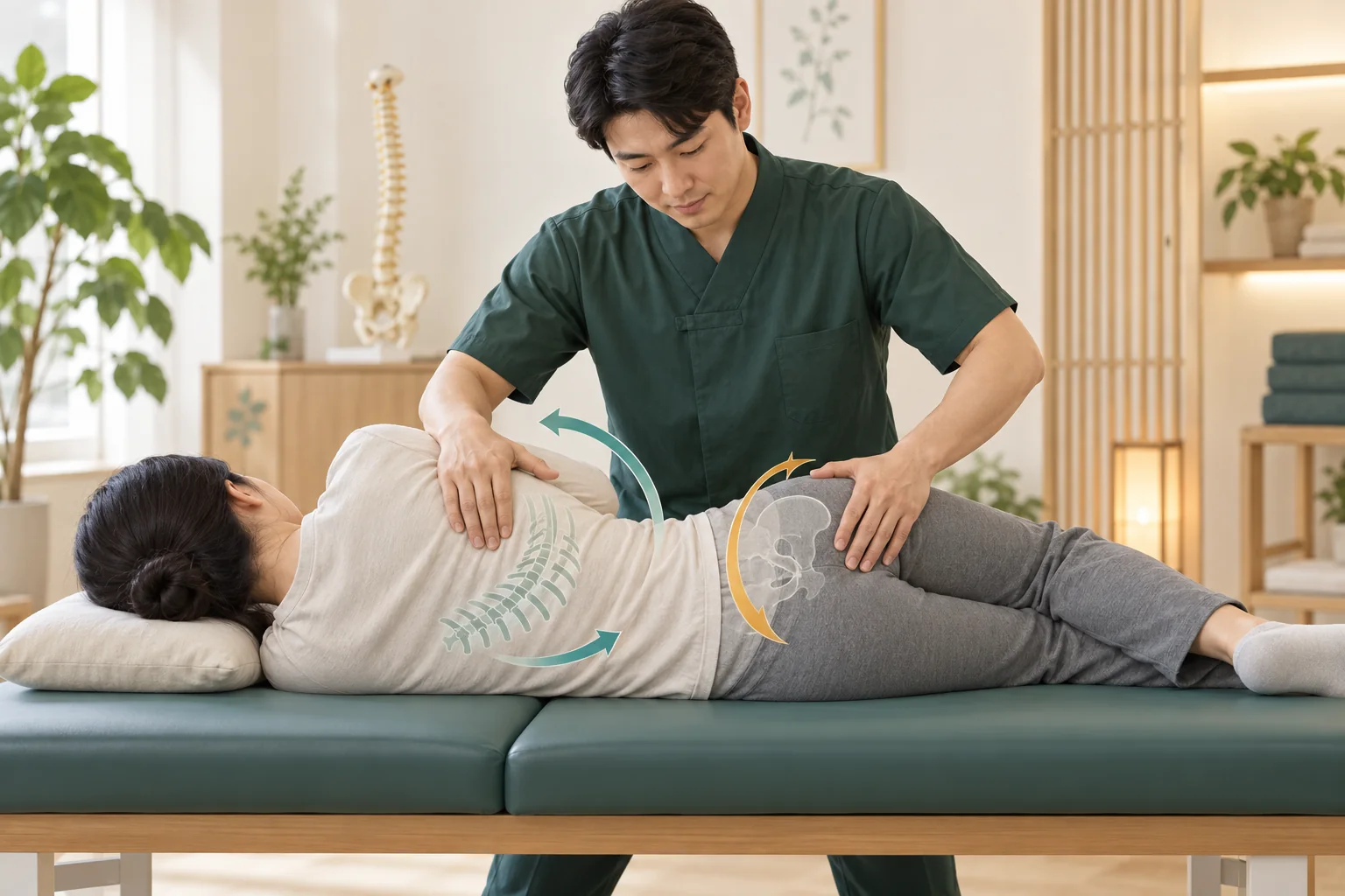 척추와 골반 움직임을 평가하는 추나요법 일러스트