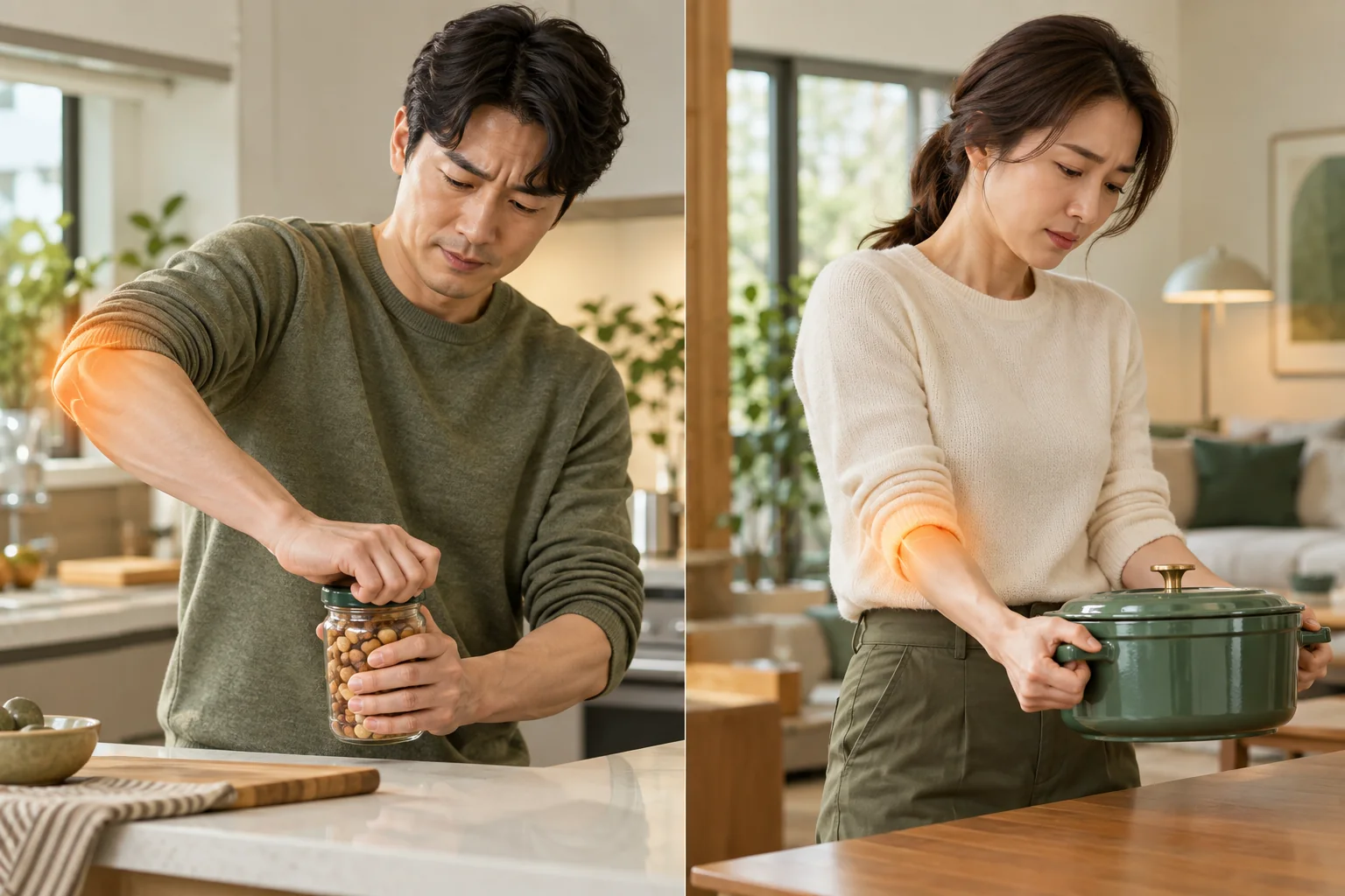 병뚜껑 돌리기와 냄비 들기에서 나타나는 팔꿈치 바깥쪽과 안쪽 통증 상황