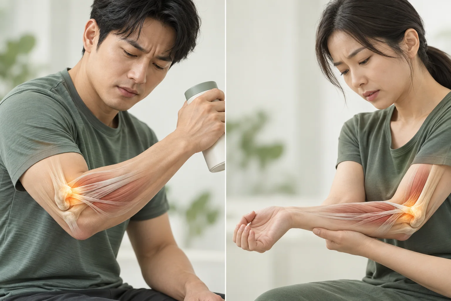 팔꿈치 바깥쪽 테니스엘보와 안쪽 골프엘보 통증 부위를 비교한 의료 이미지