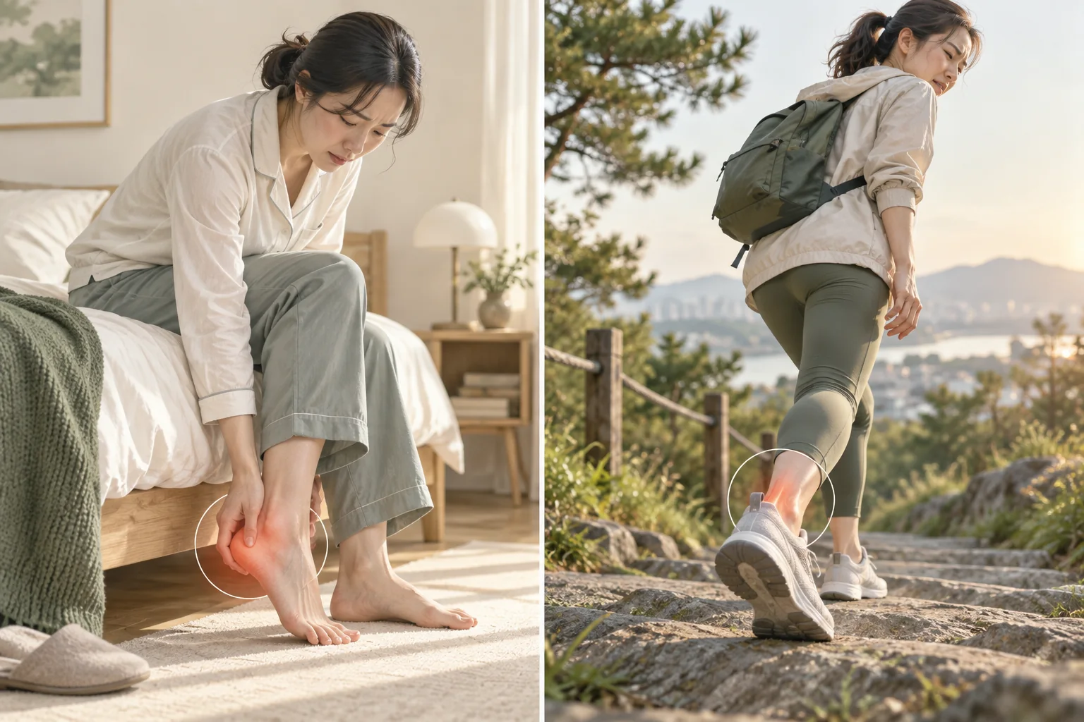 아침 첫걸음의 발바닥 통증과 오르막 활동 중 뒤꿈치 뒤 통증을 비교한 장면