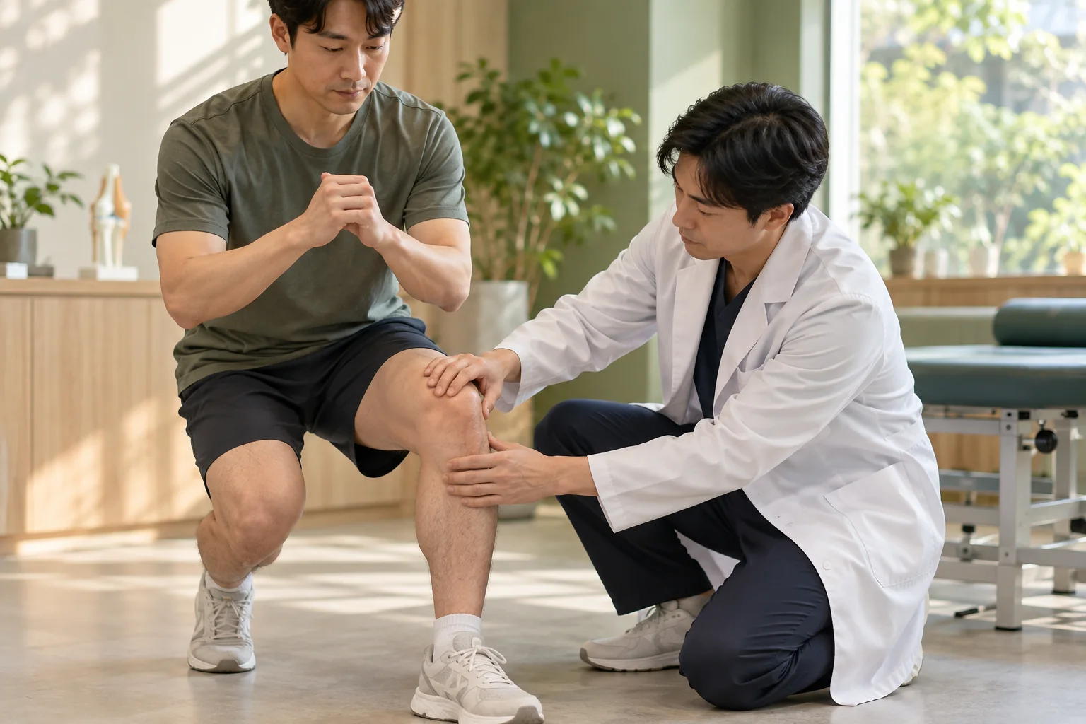 의료진이 무릎 움직임과 슬개골 주변, 스쿼트 동작을 확인하는 진찰 장면