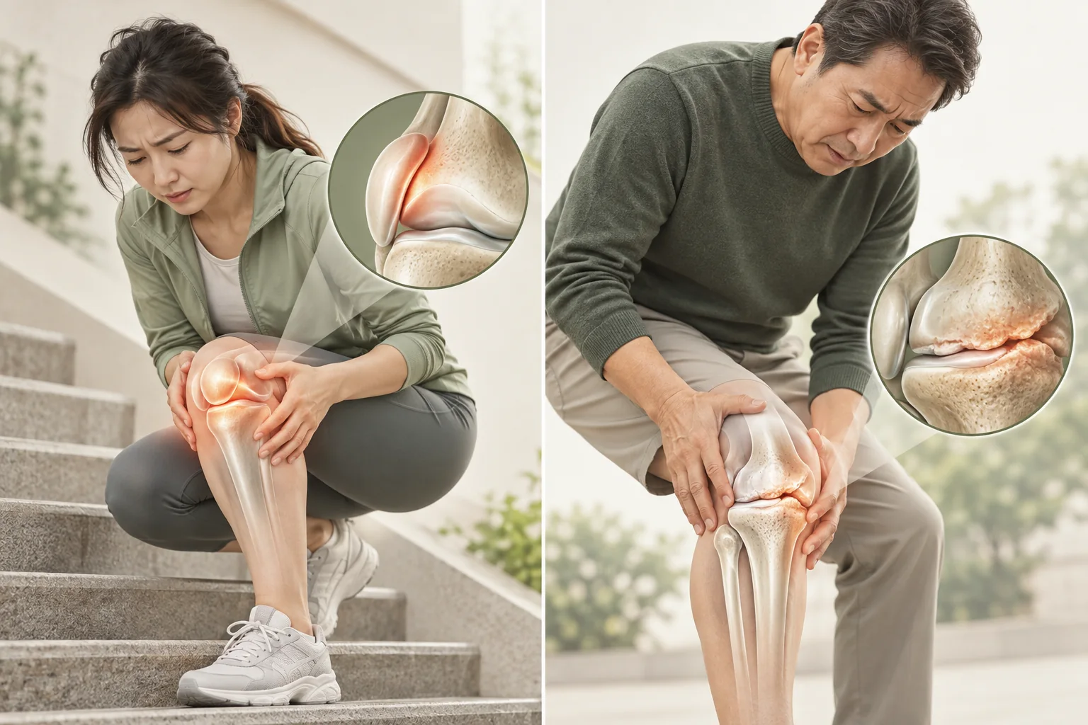 무릎 앞쪽 슬개대퇴통증과 무릎관절염의 통증 양상을 비교한 의료 이미지