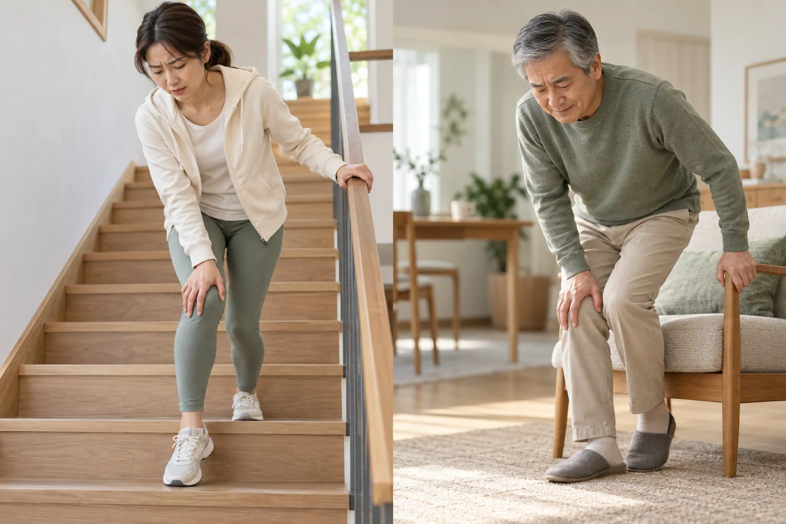 계단을 내려갈 때 앞무릎 통증과 의자에서 일어날 때 무릎 경직을 비교한 생활 장면
