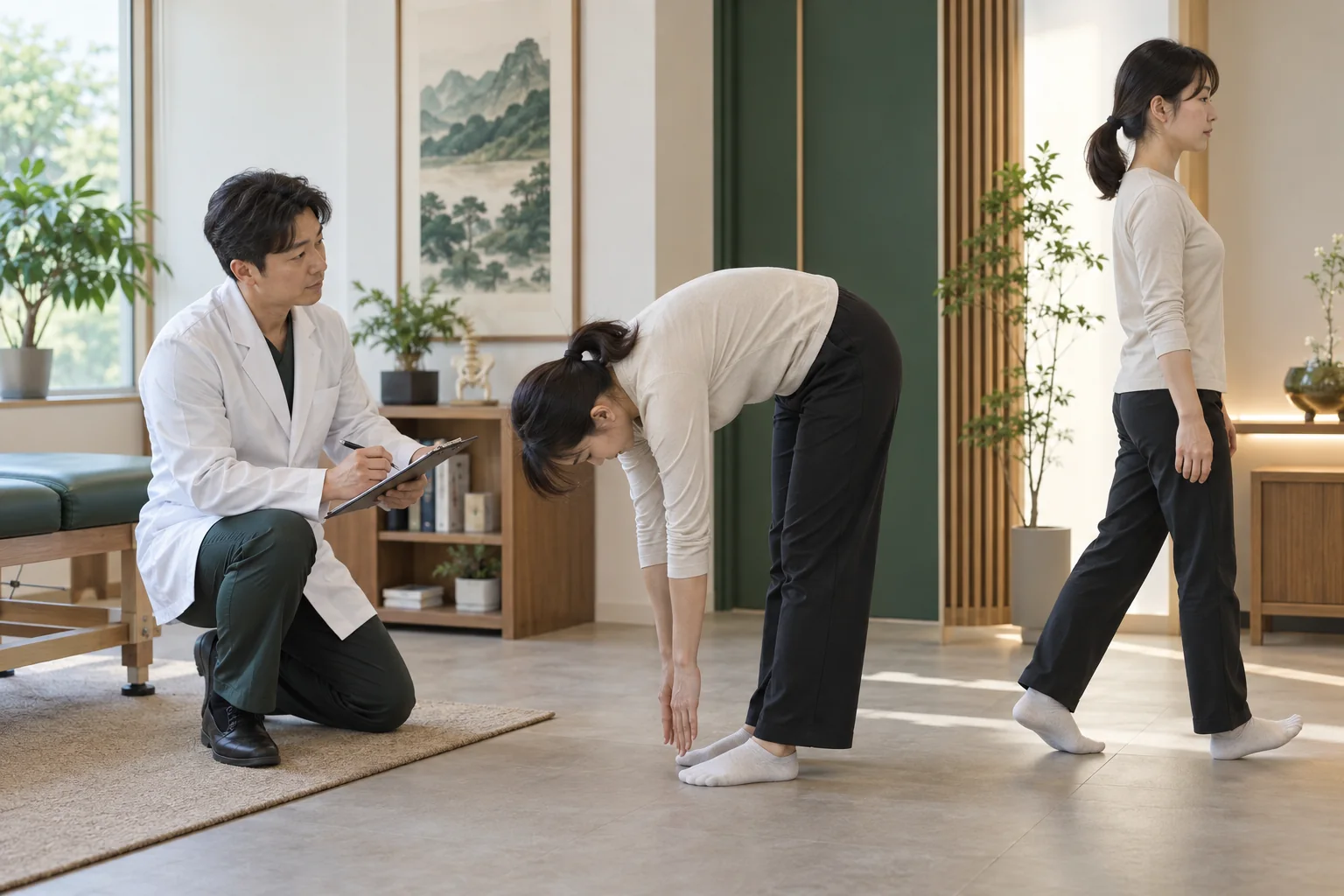 의료진이 허리 움직임과 다리 근력 및 보행 기능을 확인하는 진찰 장면