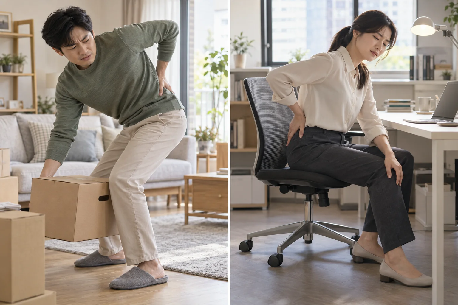 물건을 들다 생긴 국소 허리통증과 오래 앉은 뒤 다리까지 불편한 상황을 비교한 장면