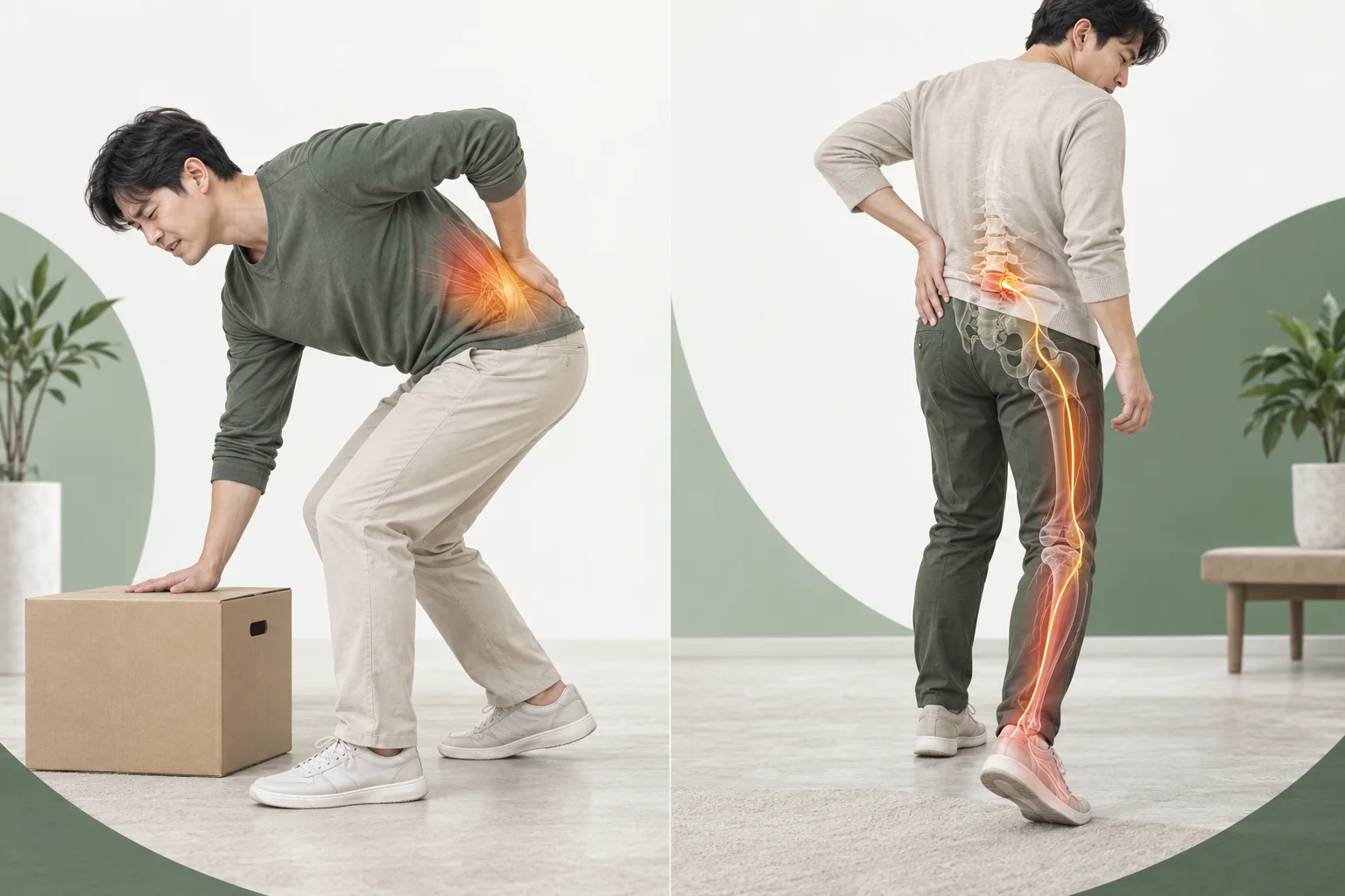 허리 근육성 통증과 허리디스크 관련 다리 신경 증상을 비교한 의료 일러스트