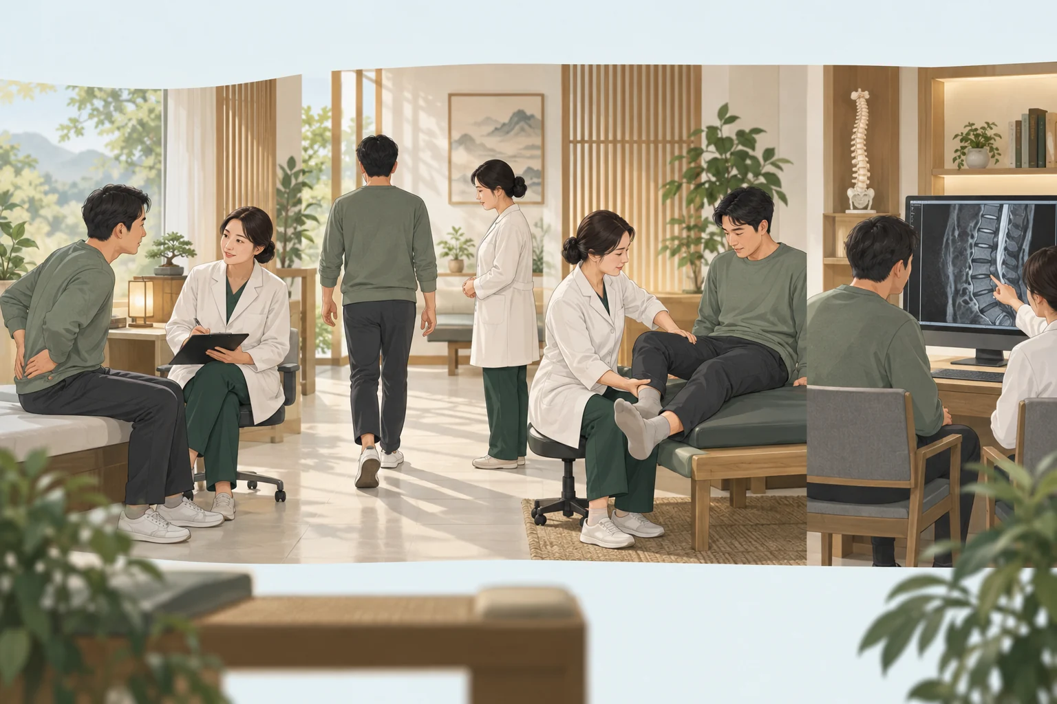 문진, 보행 관찰, 다리 근력과 감각 검사, 허리 영상 확인으로 이어지는 진료 평가 과정