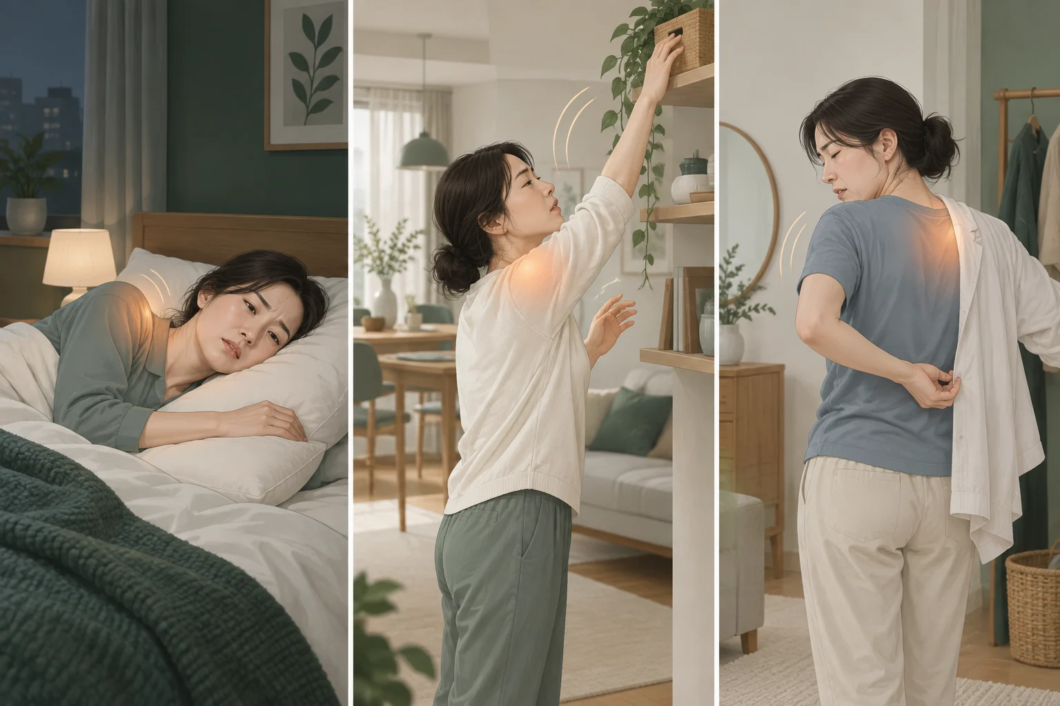 밤에 어깨가 아프고 높은 곳에 손을 뻗거나 등 뒤로 손을 보내기 어려운 생활 장면