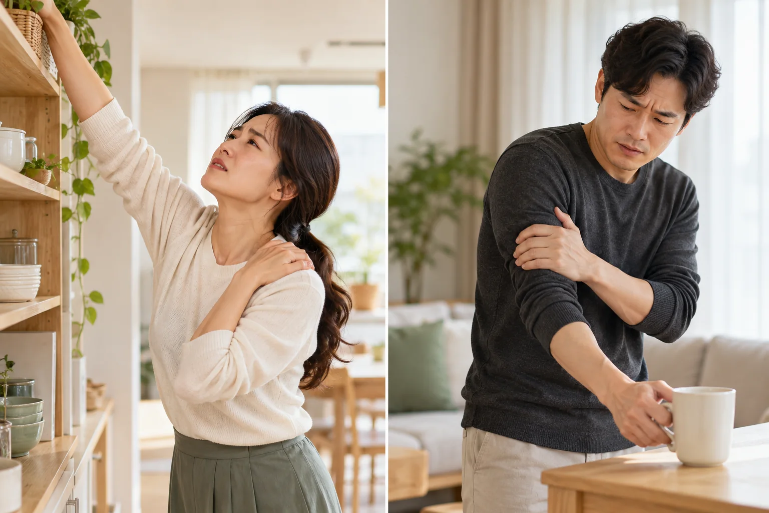 높은 선반에 손을 뻗을 때의 통증과 가벼운 물건을 들기 어려운 어깨 상황 비교