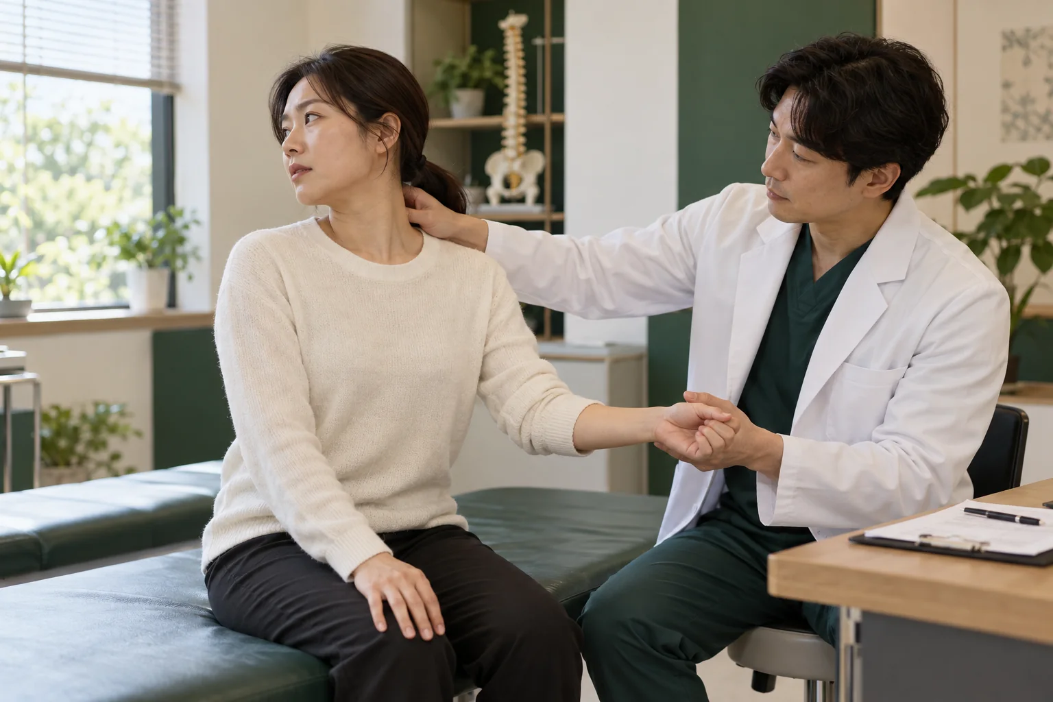 의료진이 교통사고 후 목 움직임과 팔 감각, 근력을 확인하는 진찰 장면