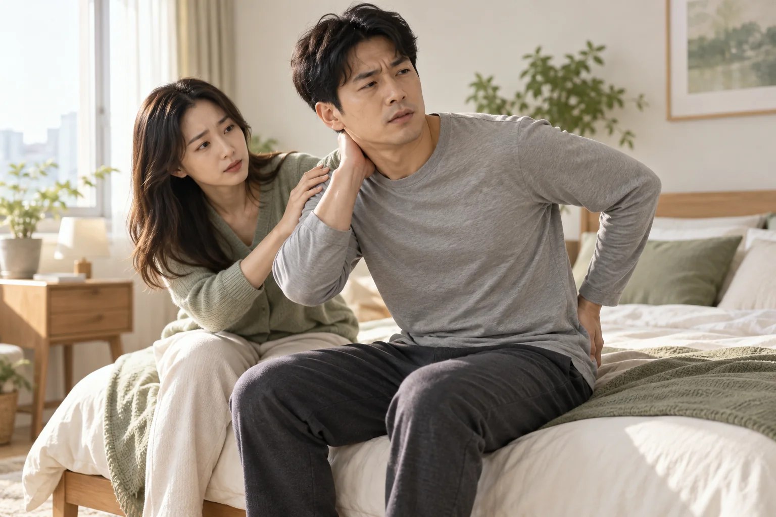 교통사고 다음 날 목과 허리의 뻣뻣함을 느끼는 생활 장면